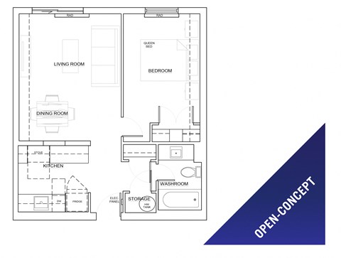 One bedroom, one bathroom open-concept apartment layout at St. Lawrence Village in St. Catharines, ON